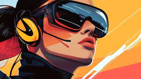 Bold cyber headset portrait with reflective visor and neon palette.