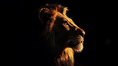 Side profile of lion in strong directional low-key light.