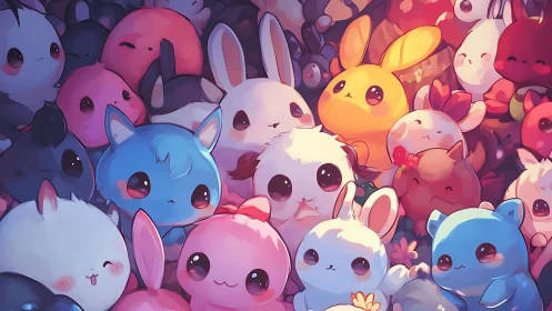 Colorful chibi animal plush crowd glows in soft pastel light.