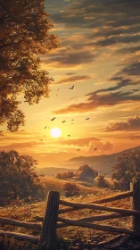 Golden rural sunset illuminates rolling fields and distant barn