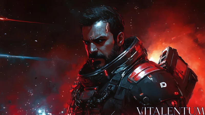 Battle-scarred space marine under burning red nebula.