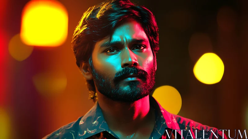 Neon-lit gaze of a brooding man in cinematic night glow.