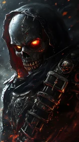 Fiery hooded skull warrior glowing in stormy embers.
