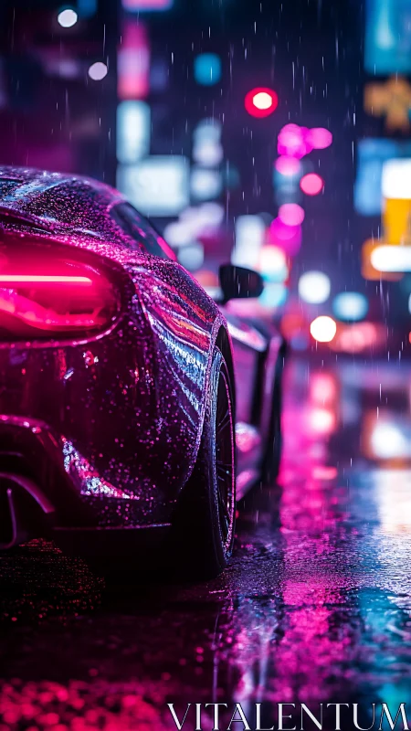 Sports car rear in neon lit rainy street at night scene