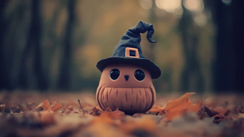 Soft toy pumpkin witch rendered with shallow depth of field