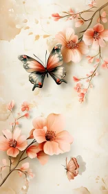 Butterflies drift over peach blossoms in soft watercolor light