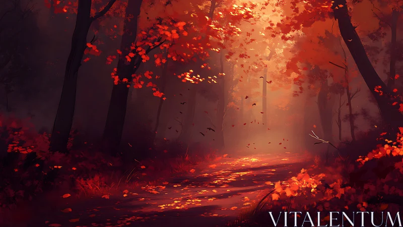 Autumn Forest Pathway with Luminous Foliage Cascade and Golden Light