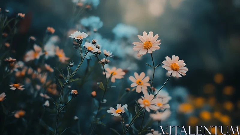 White and yellow wildflowers in softly blurred garden field.