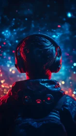 Headphones glow against a dreamy neon night sky backdrop.
