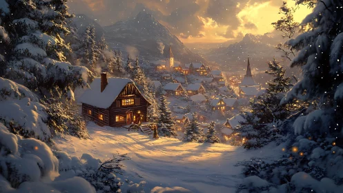Snow-laden alpine village with luminous cabin light dynamics.