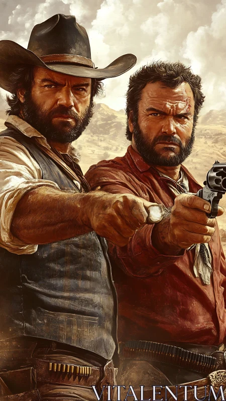 Gritty Western gunmen aiming revolvers in desert standoff.