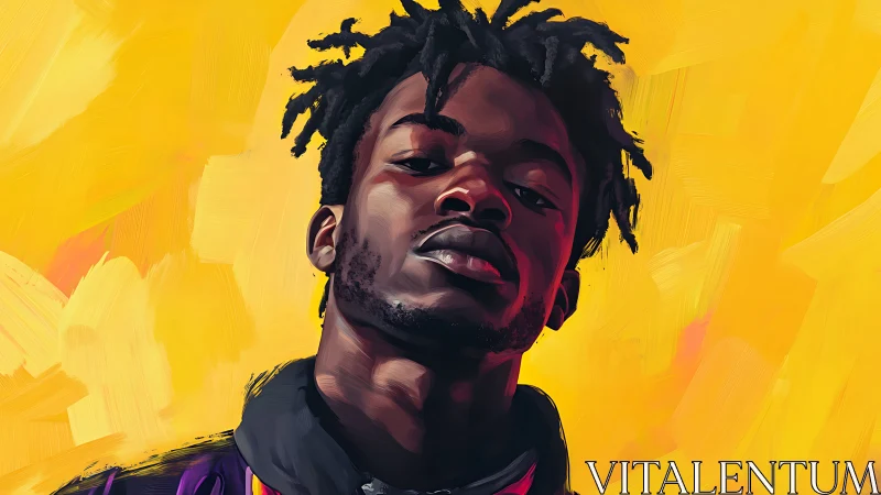 Expressive digital portrait with bold yellow brushwork backdrop.