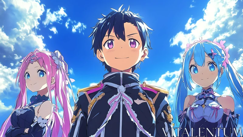 Triadic anime heroes stand under saturated cobalt sky