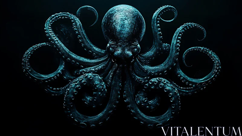 Majestic blue octopus stretches its curling arms in darkness