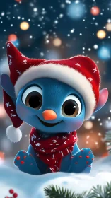 Snowy blue critter in Santa hat beaming winter cheer.
