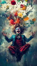 Colorful clown in midair with explosive paint burst above