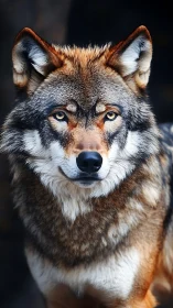 Photorealistic wolf portrait with intense golden gaze.