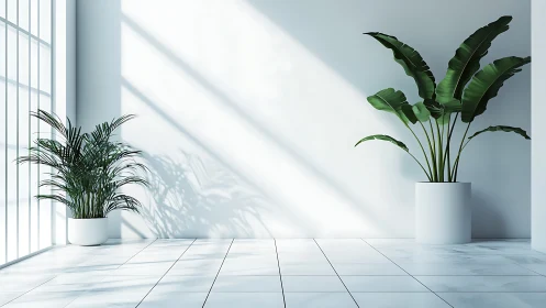 Sunlit minimalist room with two calm potted plants.