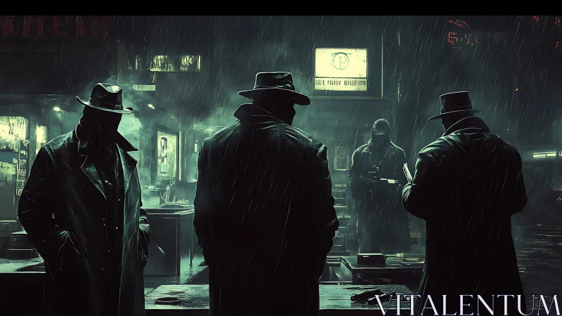 Shadowy trench-coated figures convene in neon-soaked rain.