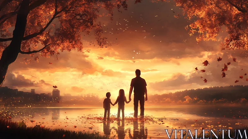 Silhouetted adult and children by autumn lake at sunset.