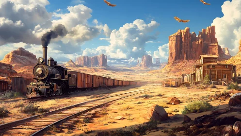 Steam freight train crosses desert rail line at remote outpost