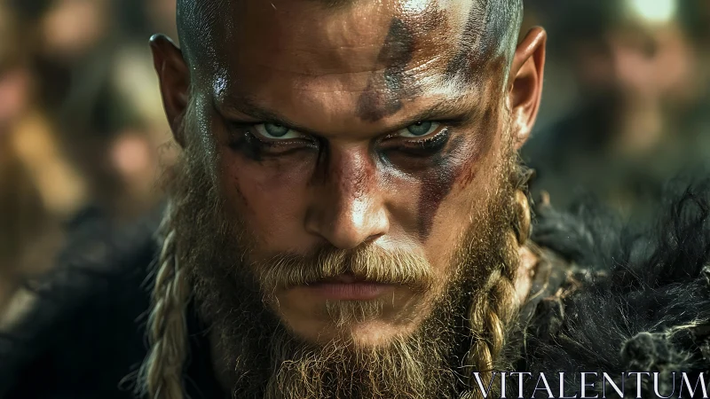 Battle-hardened Viking warrior portrait with scarred warpaint and braids