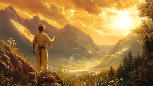 Winged figure surveys illuminated valley under dense clouds