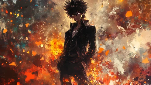 Brooding fireborn rebel wrapped in storm-scorched embers.