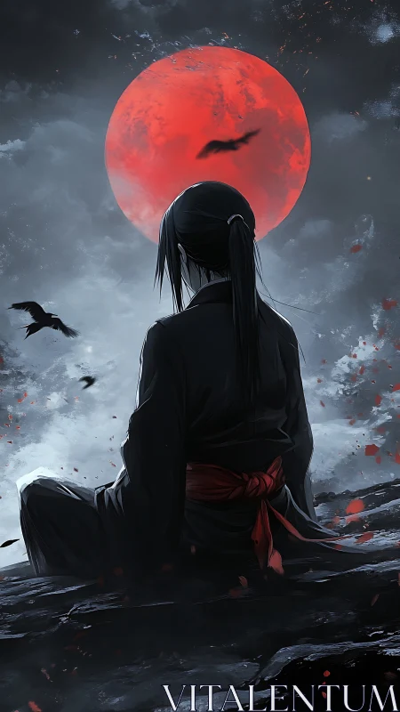 Lone warrior studies blood moon over storm-swept crags.