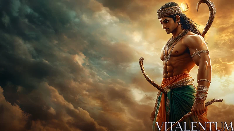 Warrior prince stands beneath stormlit skies in solemn resolve