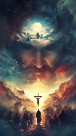 Symbolic crucifixion scene within visionary cosmic face.