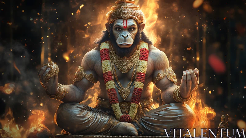 Divine simian warrior meditates amid blazing golden fire