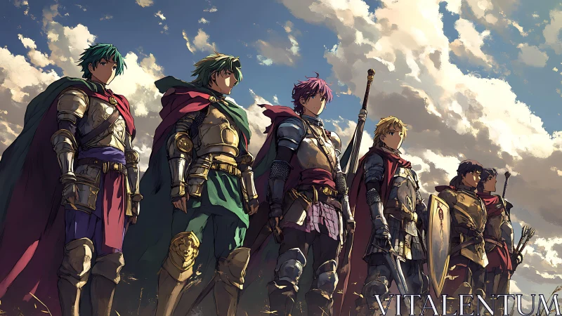 Heroic fantasy knights aligned under a luminous sky.