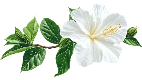 White Hibiscus Blossom with Foliage on Delicate Branch