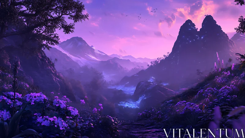 Bioluminescent river valley beneath magenta spectral dusk.