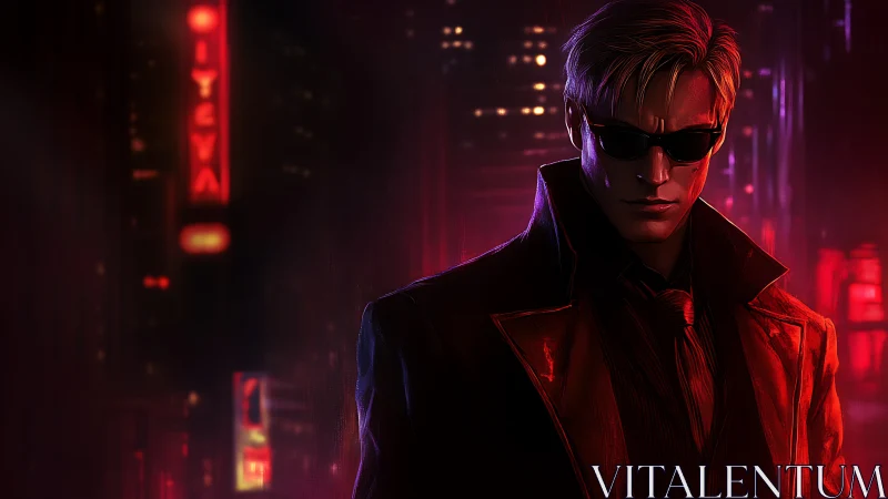 Midnight stranger walks through neon city shadows in style