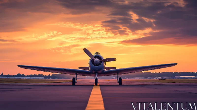 Vintage propeller airplane aligned on runway at sunset.