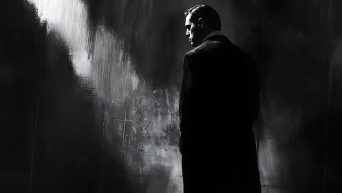 Noir-lit man in profile stands in stark chiaroscuro corridor