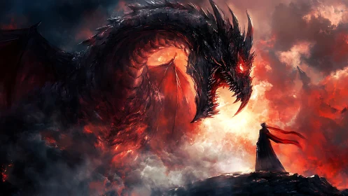 Colossal infernal dragon confronts lone cloaked warrior in flames