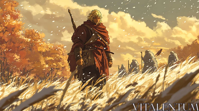 Cloaked swordsman crossing autumn field under snowfall.