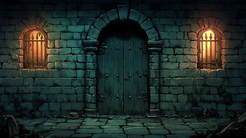 Dungeon stone door with barred windows and torchlight glow.