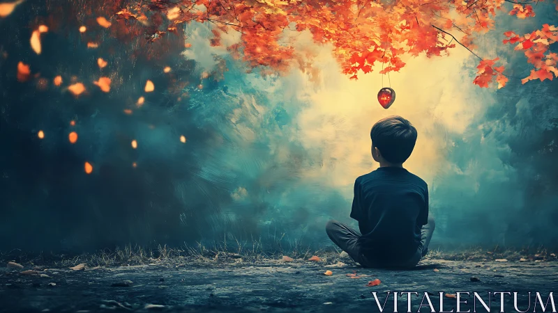 Boy sits under glowing autumn leaves and hanging heart.