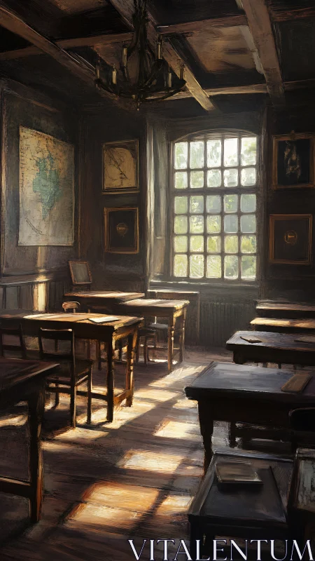 Sunlit vintage classroom captures quiet scholarly nostalgia