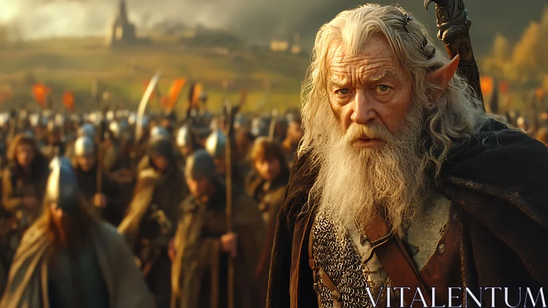 Elder elf commander before armored medieval army formation.