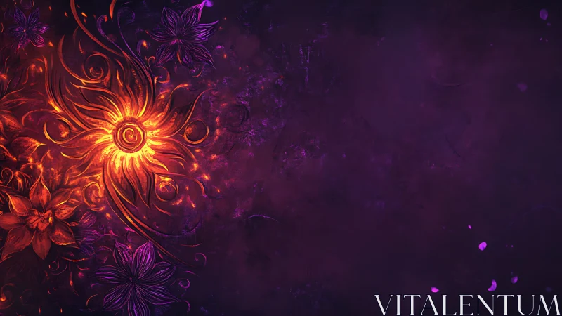 Glowing abstract sun and violet floral digital artwork.