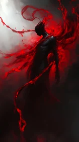 Shadowy figure wrapped in swirling crimson energy ribbons.