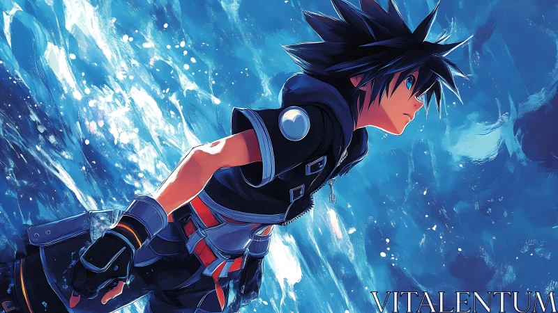 Dynamic cel-shaded diver cutting through abstract ocean flux.