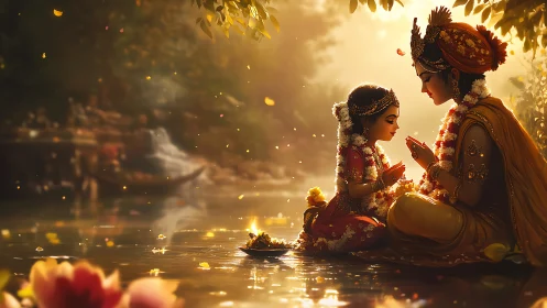 Riverbank devotional scene with two garlanded figures.