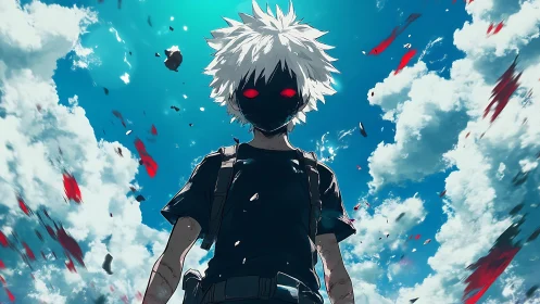 Masked white-haired boy stands under stormy blue sky