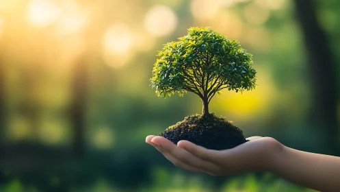 Small tree in soil held by hand, nature conservation concept, soft light.